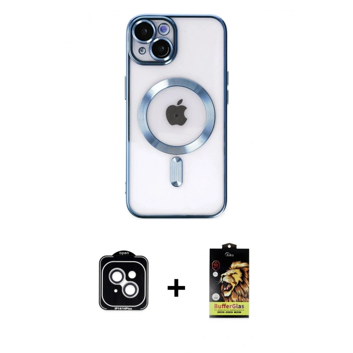 MARSİLYAN™- iPhone 14 Kılıf Nova Işık Özel Seri - Siyah Buffer Cam Ekran Koruyucu + Gümüş PVD Metal Kamera Lens