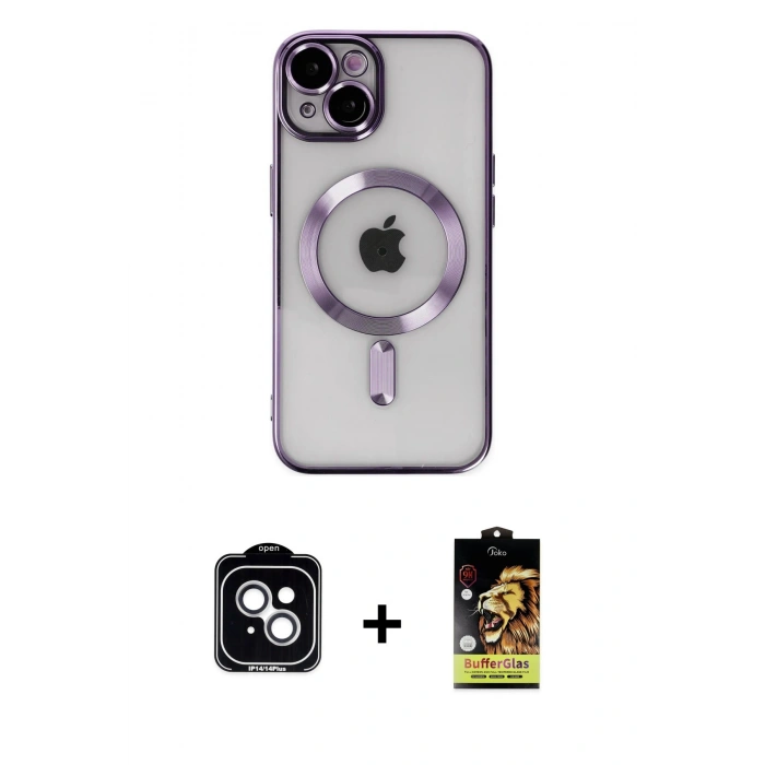 MARSİLYAN™- iPhone 14 Kılıf Nova Işık Özel Seri - Siyah Buffer Cam Ekran Koruyucu + Gümüş PVD Metal Kamera Lens