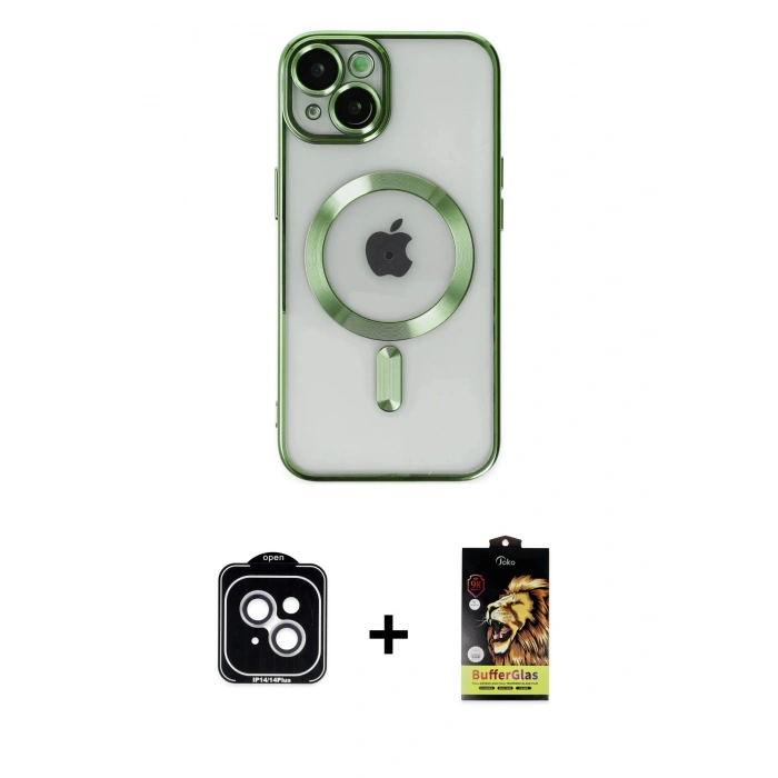 MARSİLYAN™- iPhone 14 Kılıf Nova Işık Özel Seri - Siyah Buffer Cam Ekran Koruyucu + Gümüş PVD Metal Kamera Lens