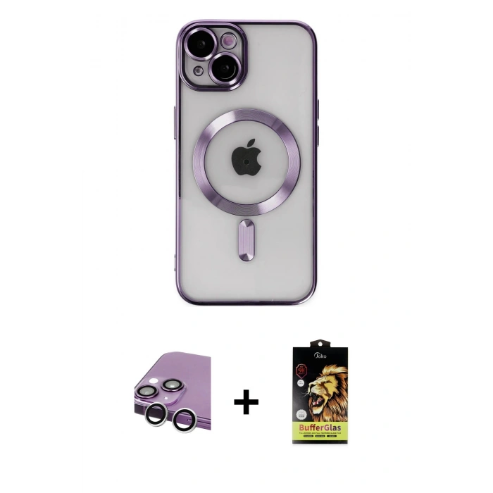 MARSİLYAN™- iPhone 14 Kılıf Nova Işık Özel Seri - Siyah Buffer Cam Ekran Koruyucu + Raze Metal Kamera Lens - GS