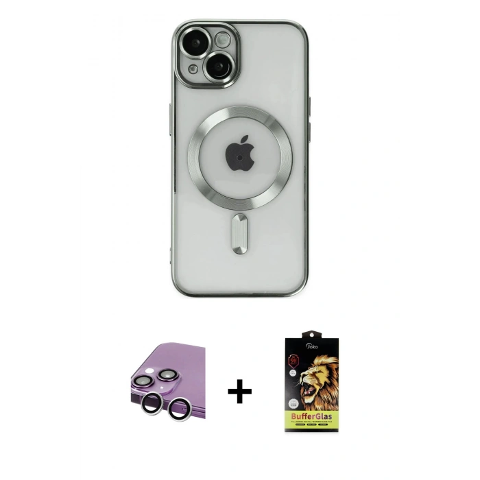 MARSİLYAN™- iPhone 14 Kılıf Nova Işık Özel Seri - Siyah Buffer Cam Ekran Koruyucu + Raze Metal Kamera Lens - GS