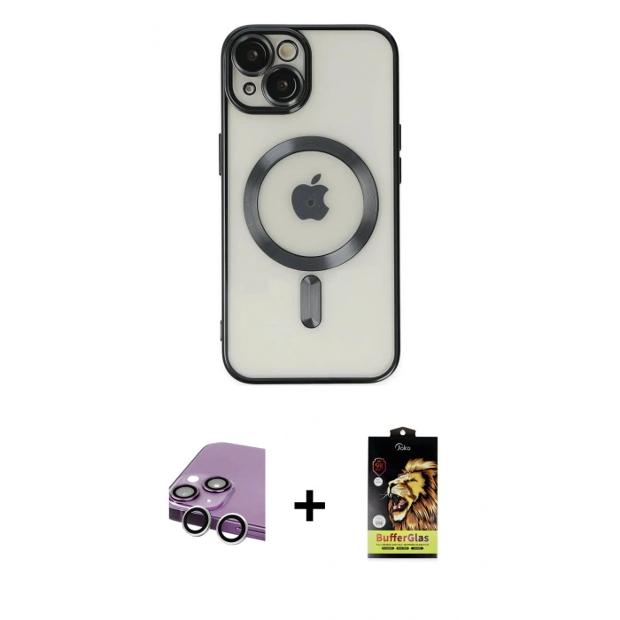 MARSİLYAN™- iPhone 14 Kılıf Nova Işık Özel Seri - Siyah Buffer Cam Ekran Koruyucu + Raze Metal Kamera Lens - GS