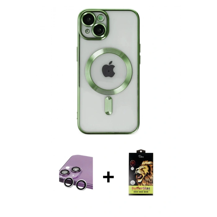 MARSİLYAN™- iPhone 14 Kılıf Nova Işık Özel Seri - Siyah Buffer Cam Ekran Koruyucu + Raze Metal Kamera Lens - GS