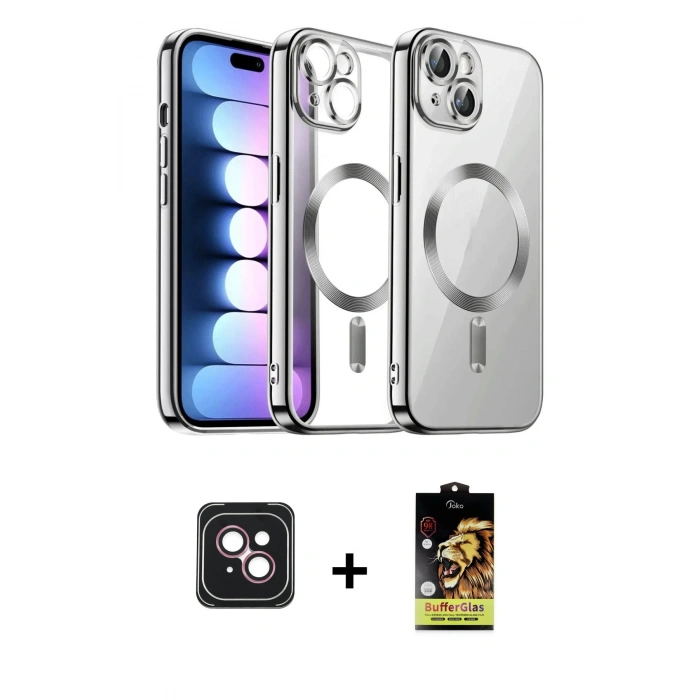 MARSİLYAN™- iPhone 14 Kılıf Nova Işık Özel Seri - Siyah Buffer Cam Ekran Koruyucu + PVD Metal Kamera Lens - PE