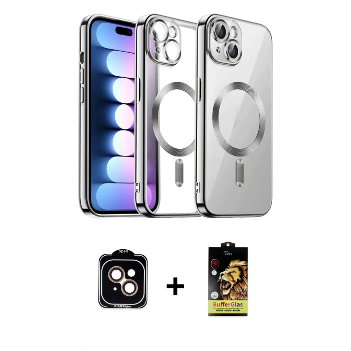 MARSİLYAN™- iPhone 14 Kılıf Nova Işık Özel Seri - Siyah Buffer Cam Ekran Koruyucu + PVD Metal Kamera Lens - TU