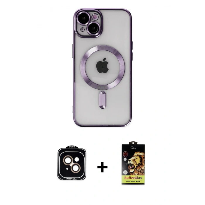 MARSİLYAN™- iPhone 14 Kılıf Nova Işık Özel Seri - Siyah Buffer Cam Ekran Koruyucu + PVD Metal Kamera Lens - TU