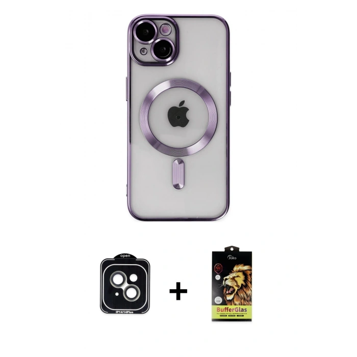 MARSİLYAN™- iPhone 14 Kılıf Nova Işık Özel Seri - Siyah Buffer Cam Ekran Koruyucu + PVD Metal Kamera Lens - YL