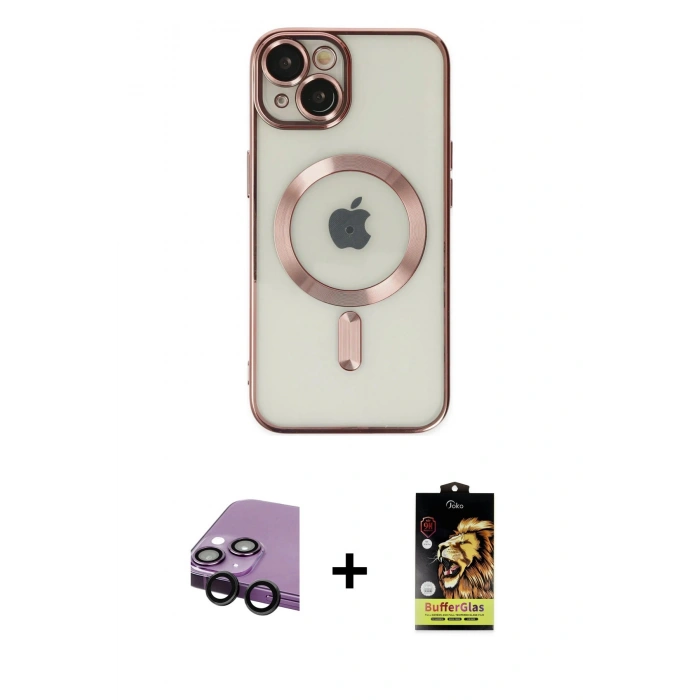 MARSİLYAN™- iPhone 14 Kılıf Nova Işık Özel Seri - Siyah Buffer Cam Ekran Koruyucu + Raze Metal Kamera Lens - SH