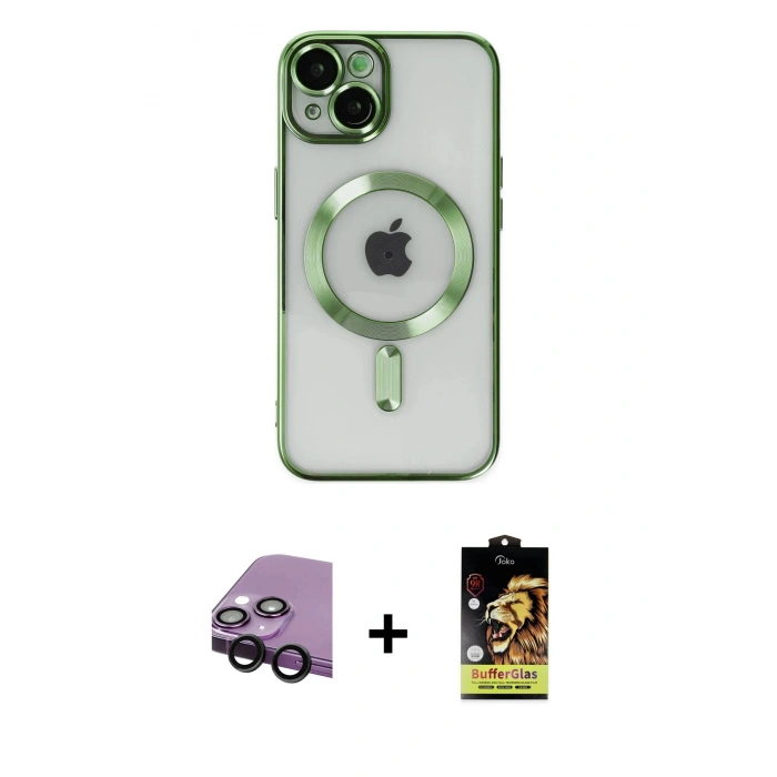 MARSİLYAN™- iPhone 14 Kılıf Nova Işık Özel Seri - Siyah Buffer Cam Ekran Koruyucu + Raze Metal Kamera Lens - SH