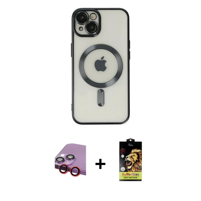 MARSİLYAN™- iPhone 14 Kılıf Nova Işık Özel Seri - Siyah Buffer Cam Ekran Koruyucu + Raze Metal Kamera Lens - KI