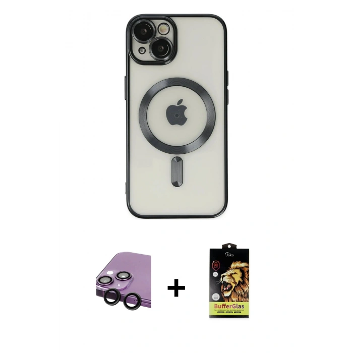 MARSİLYAN™- iPhone 14 Kılıf Nova Işık Özel Seri - Siyah Buffer Cam Ekran Koruyucu + Raze Metal Kamera Lens - SH