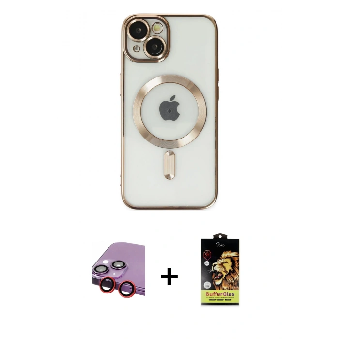 MARSİLYAN™- iPhone 14 Kılıf Nova Işık Özel Seri - Siyah Buffer Cam Ekran Koruyucu + Raze Metal Kamera Lens - KI