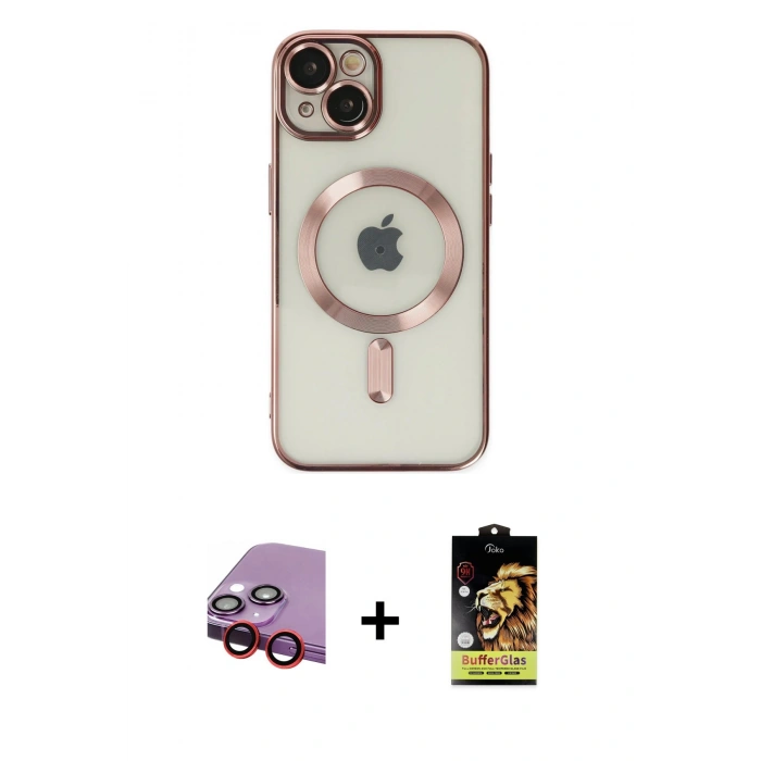 MARSİLYAN™- iPhone 14 Kılıf Nova Işık Özel Seri - Siyah Buffer Cam Ekran Koruyucu + Raze Metal Kamera Lens - KI