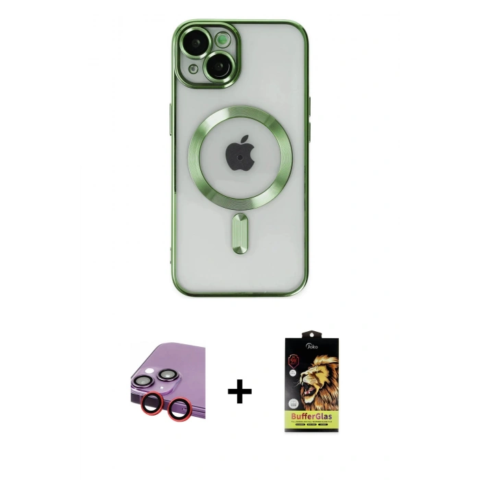 MARSİLYAN™- iPhone 14 Kılıf Nova Işık Özel Seri - Siyah Buffer Cam Ekran Koruyucu + Raze Metal Kamera Lens - KI