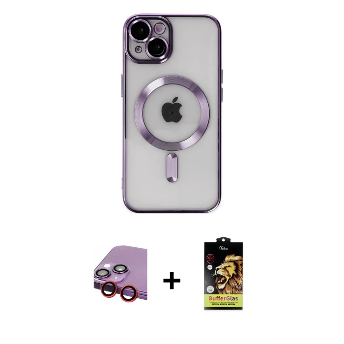 MARSİLYAN™- iPhone 14 Kılıf Nova Işık Özel Seri - Siyah Buffer Cam Ekran Koruyucu + Raze Metal Kamera Lens - KI
