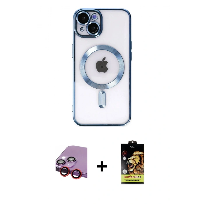 MARSİLYAN™- iPhone 14 Kılıf Nova Işık Özel Seri - Siyah Buffer Cam Ekran Koruyucu + Raze Metal Kamera Lens - KI