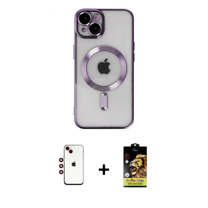 MARSİLYAN™- iPhone 14 Kılıf Nova Işık Özel Seri - Siyah Buffer Cam Ekran Koruyucu + Shine Kamera Lens - KI