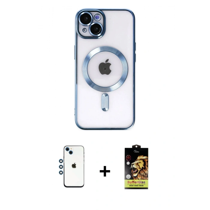 MARSİLYAN™- iPhone 14 Kılıf Nova Işık Özel Seri - Siyah Buffer Cam Ekran Koruyucu + Shine Kamera Lens - MI