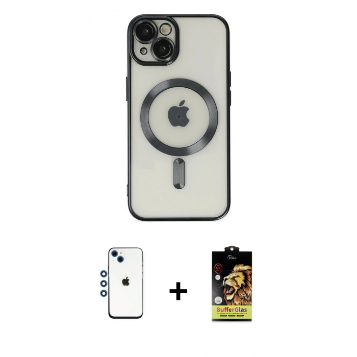 MARSİLYAN™- iPhone 14 Kılıf Nova Işık Özel Seri - Siyah Buffer Cam Ekran Koruyucu + Shine Kamera Lens - MI