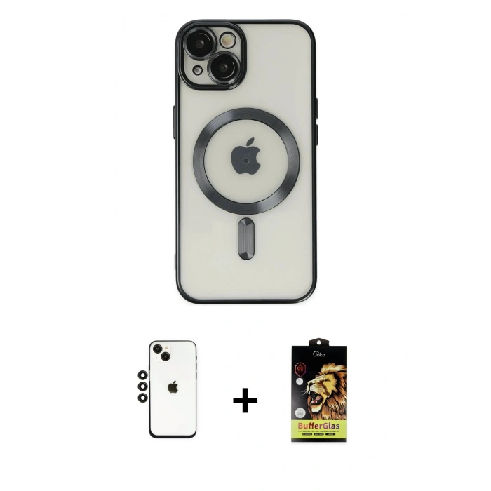 MARSİLYAN™- iPhone 14 Kılıf Nova Işık Özel Seri - Siyah Buffer Cam Ekran Koruyucu + Shine Kamera Lens - SH
