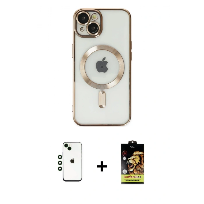 MARSİLYAN™- iPhone 14 Kılıf Nova Işık Özel Seri - Siyah Buffer Cam Ekran Koruyucu + Yeşil Shine Kamera Lens