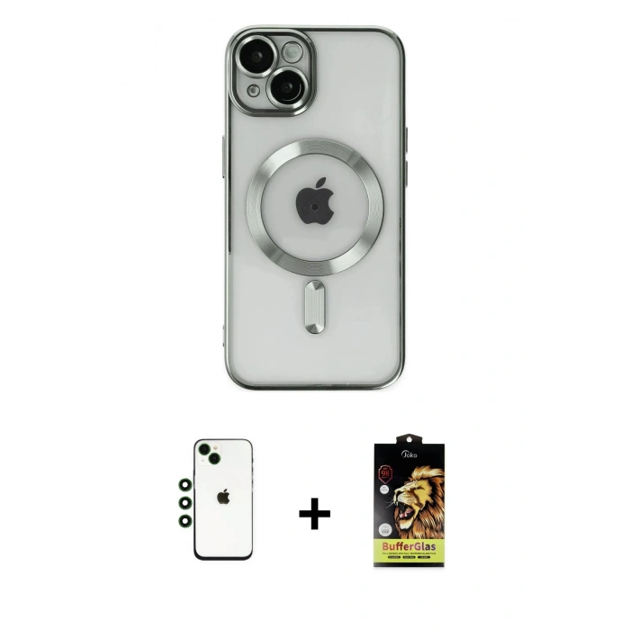 MARSİLYAN™- iPhone 14 Kılıf Nova Işık Özel Seri - Siyah Buffer Cam Ekran Koruyucu + Yeşil Shine Kamera Lens