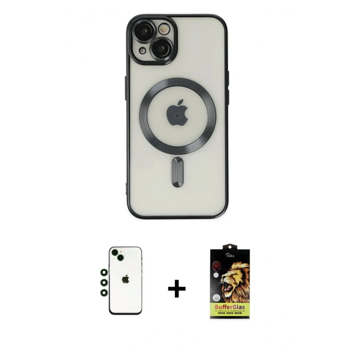 MARSİLYAN™- iPhone 14 Kılıf Nova Işık Özel Seri - Siyah Buffer Cam Ekran Koruyucu + Yeşil Shine Kamera Lens