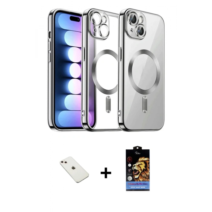 MARSİLYAN™- iPhone 14 Kılıf Nova Işık Özel Seri - Siyah Buffer Hayalet Cam Ekran Koruyucu + Diamond Kamera Lens - PE