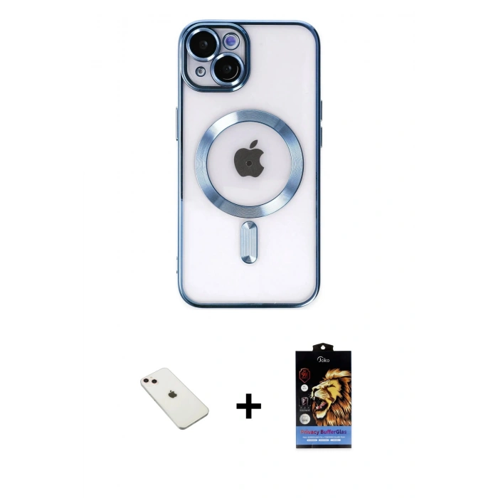 MARSİLYAN™- iPhone 14 Kılıf Nova Işık Özel Seri - Siyah Buffer Hayalet Cam Ekran Koruyucu + Diamond Kamera Lens - PE