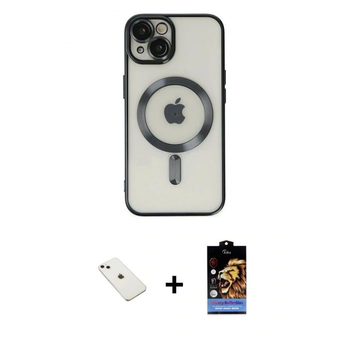 MARSİLYAN™- iPhone 14 Kılıf Nova Işık Özel Seri - Siyah Buffer Hayalet Cam Ekran Koruyucu + Diamond Kamera Lens - PE