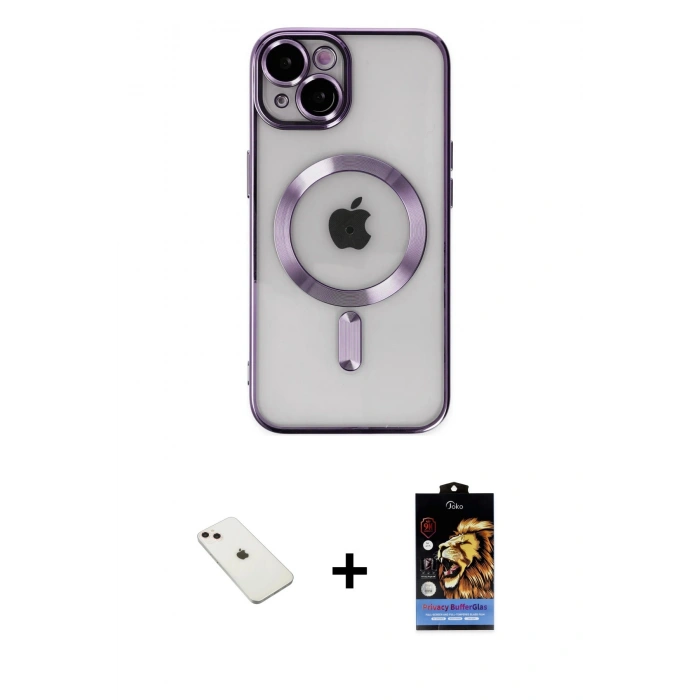 MARSİLYAN™- iPhone 14 Kılıf Nova Işık Özel Seri - Siyah Buffer Hayalet Cam Ekran Koruyucu + Diamond Kamera Lens - PE