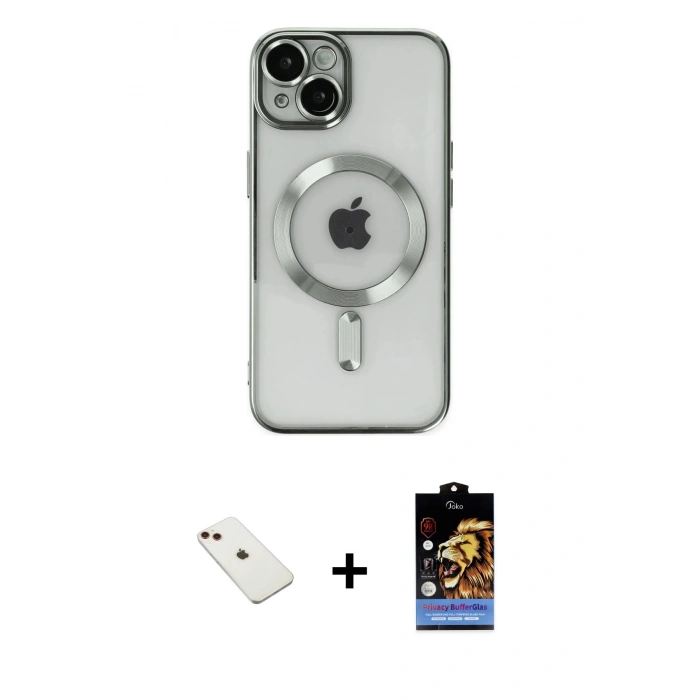 MARSİLYAN™- iPhone 14 Kılıf Nova Işık Özel Seri - Siyah Buffer Hayalet Cam Ekran Koruyucu + Diamond Kamera Lens - KI