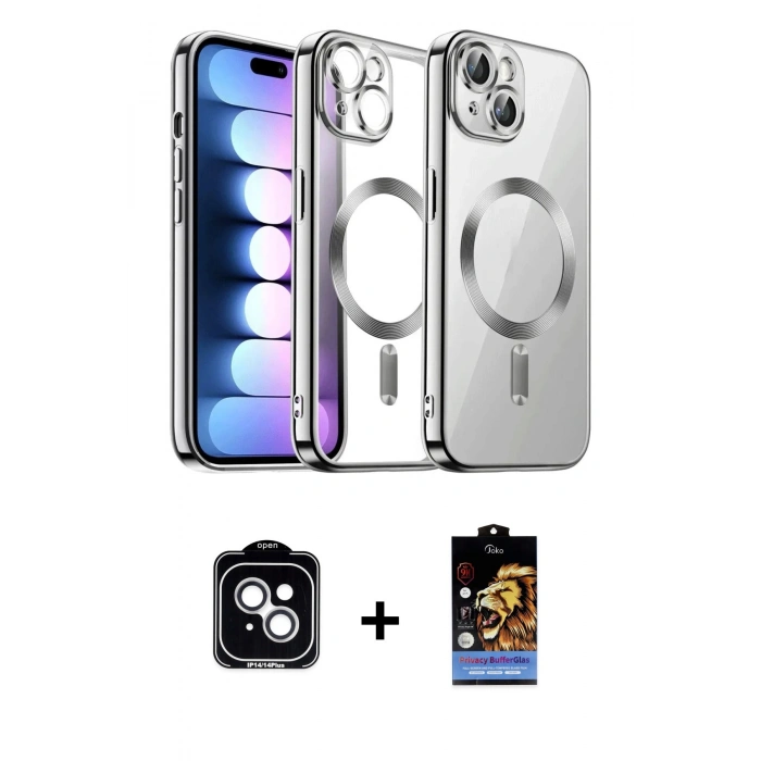 MARSİLYAN™- iPhone 14 Kılıf Nova Işık Özel Seri - Siyah Buffer Hayalet Cam Ekran Koruyucu + PVD Metal Kamera Lens - GS