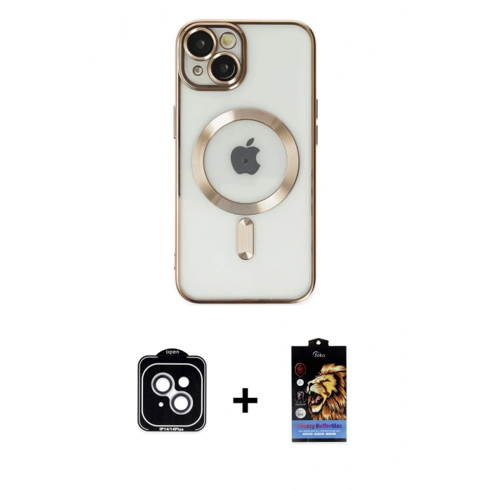 MARSİLYAN™- iPhone 14 Kılıf Nova Işık Özel Seri - Siyah Buffer Hayalet Cam Ekran Koruyucu + PVD Metal Kamera Lens - GS