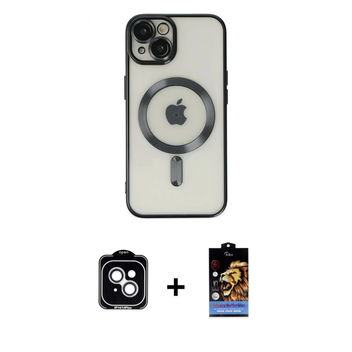 MARSİLYAN™- iPhone 14 Kılıf Nova Işık Özel Seri - Siyah Buffer Hayalet Cam Ekran Koruyucu + PVD Metal Kamera Lens - GS