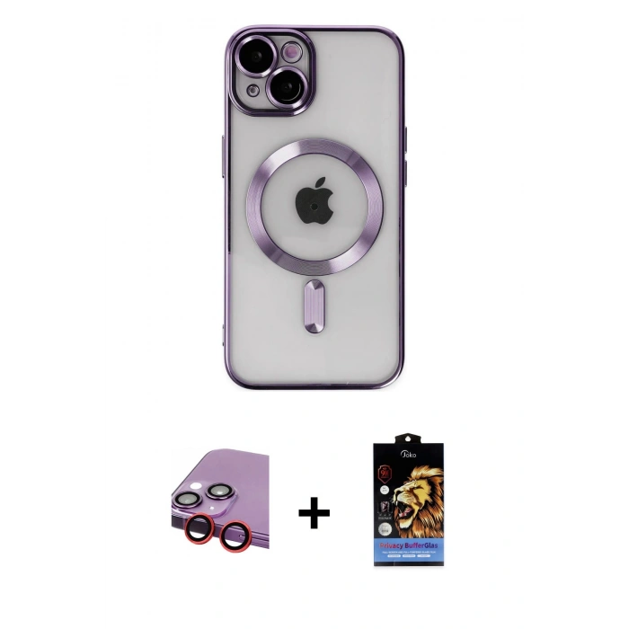 MARSİLYAN™- iPhone 14 Kılıf Nova Işık Özel Seri - Siyah Buffer Hayalet Cam Ekran Koruyucu + Raze Metal Kamera Lens - KI