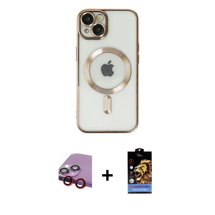 MARSİLYAN™- iPhone 14 Kılıf Nova Işık Özel Seri - Siyah Buffer Hayalet Cam Ekran Koruyucu + Raze Metal Kamera Lens - KI