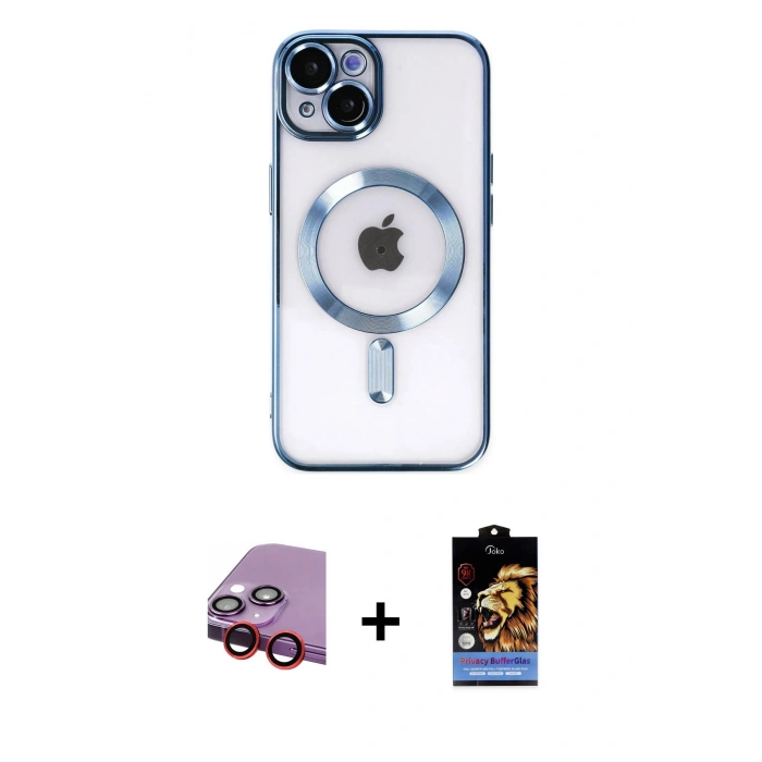 MARSİLYAN™- iPhone 14 Kılıf Nova Işık Özel Seri - Siyah Buffer Hayalet Cam Ekran Koruyucu + Raze Metal Kamera Lens - KI