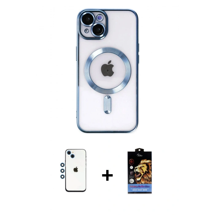 MARSİLYAN™- iPhone 14 Kılıf Nova Işık Özel Seri - Siyah Buffer Hayalet Cam Ekran Koruyucu + Mavi Shine Kamera Lens