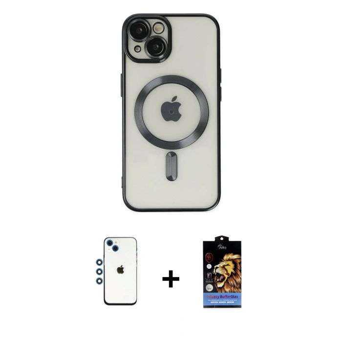 MARSİLYAN™- iPhone 14 Kılıf Nova Işık Özel Seri - Siyah Buffer Hayalet Cam Ekran Koruyucu + Mavi Shine Kamera Lens