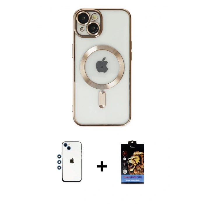 MARSİLYAN™- iPhone 14 Kılıf Nova Işık Özel Seri - Siyah Buffer Hayalet Cam Ekran Koruyucu + Mavi Shine Kamera Lens