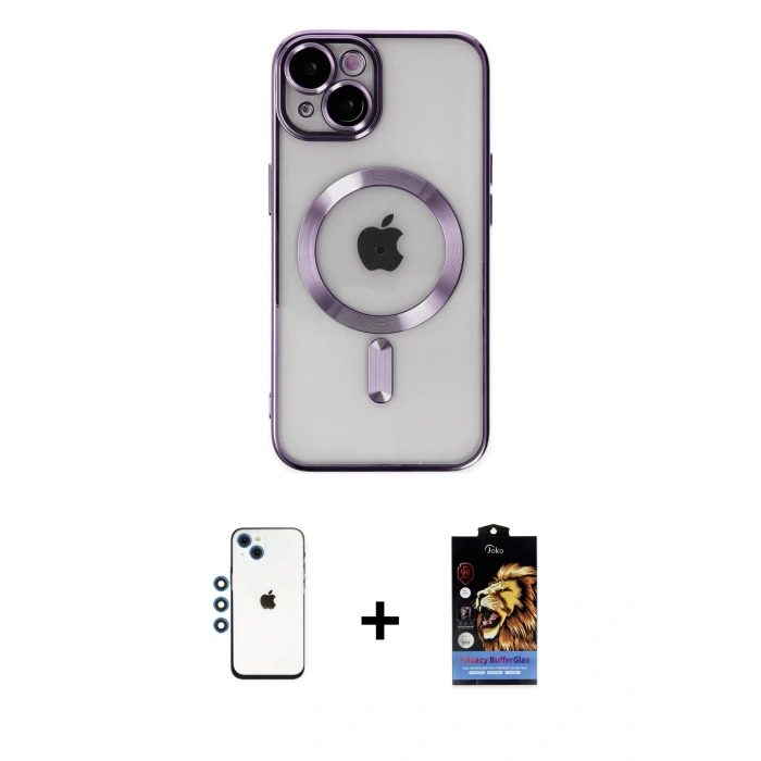 MARSİLYAN™- iPhone 14 Kılıf Nova Işık Özel Seri - Siyah Buffer Hayalet Cam Ekran Koruyucu + Mavi Shine Kamera Lens