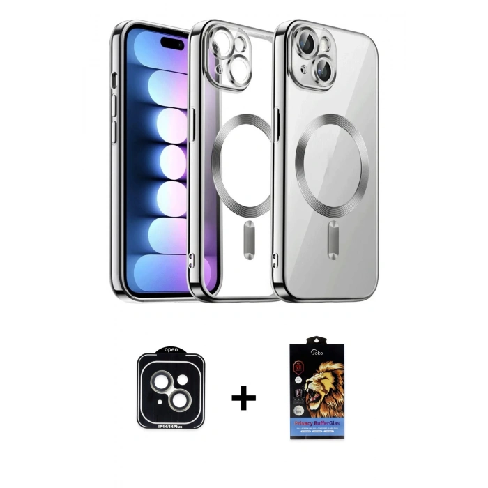 MARSİLYAN™- iPhone 14 Kılıf Nova Işık Özel Seri - Siyah Buffer Hayalet Cam Ekran Koruyucu + PVD Metal Kamera Lens - YL