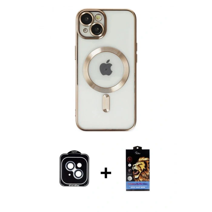 MARSİLYAN™- iPhone 14 Kılıf Nova Işık Özel Seri - Siyah Buffer Hayalet Cam Ekran Koruyucu + PVD Metal Kamera Lens - MI