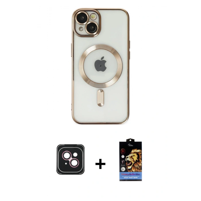 MARSİLYAN™- iPhone 14 Kılıf Nova Işık Özel Seri - Siyah Buffer Hayalet Cam Ekran Koruyucu + PVD Metal Kamera Lens - PE