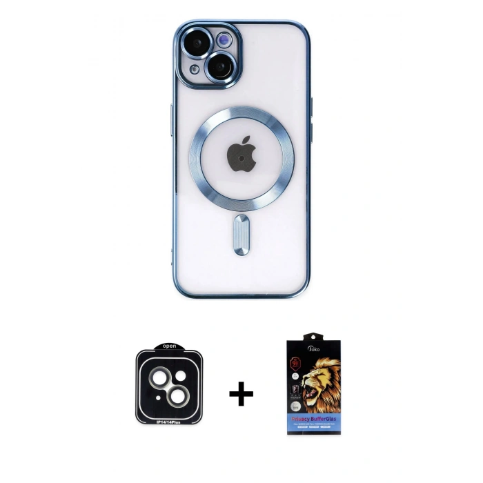 MARSİLYAN™- iPhone 14 Kılıf Nova Işık Özel Seri - Siyah Buffer Hayalet Cam Ekran Koruyucu + PVD Metal Kamera Lens - YL