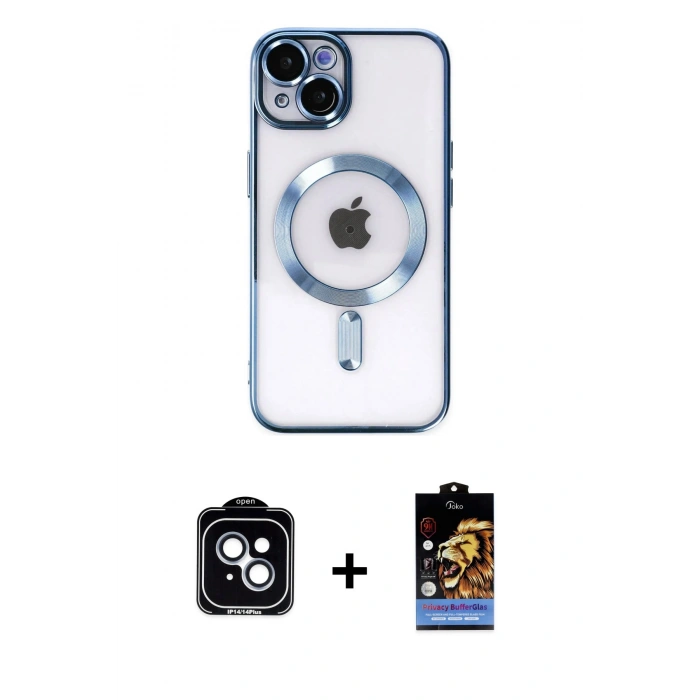 MARSİLYAN™- iPhone 14 Kılıf Nova Işık Özel Seri - Siyah Buffer Hayalet Cam Ekran Koruyucu + PVD Metal Kamera Lens - MI