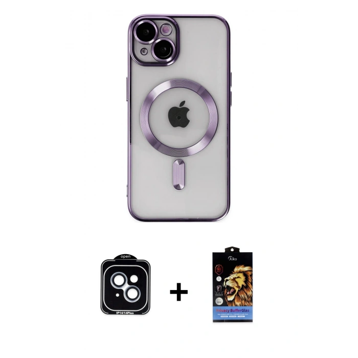 MARSİLYAN™- iPhone 14 Kılıf Nova Işık Özel Seri - Siyah Buffer Hayalet Cam Ekran Koruyucu + PVD Metal Kamera Lens - MI