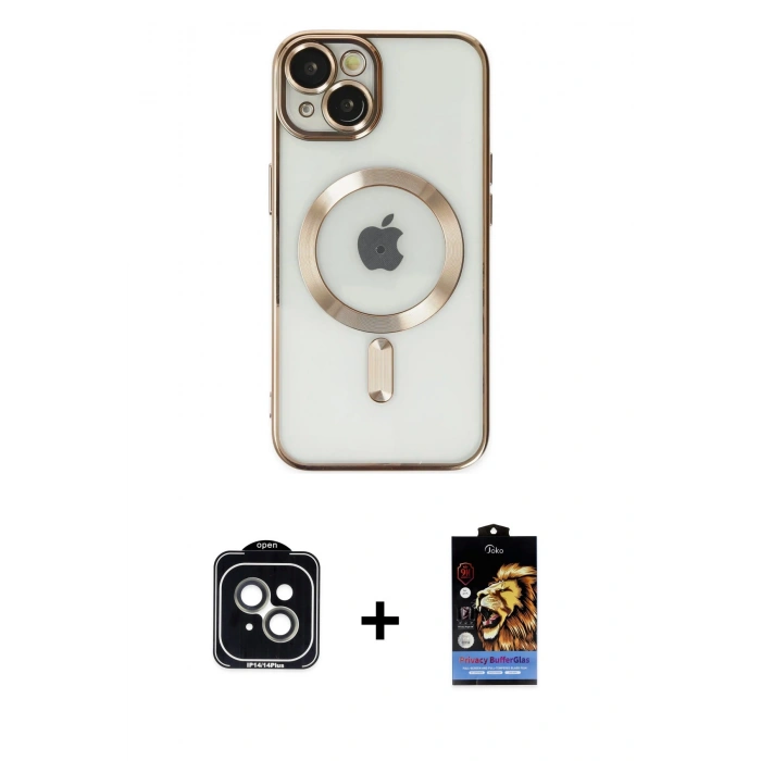 MARSİLYAN™- iPhone 14 Kılıf Nova Işık Özel Seri - Siyah Buffer Hayalet Cam Ekran Koruyucu + PVD Metal Kamera Lens - YL