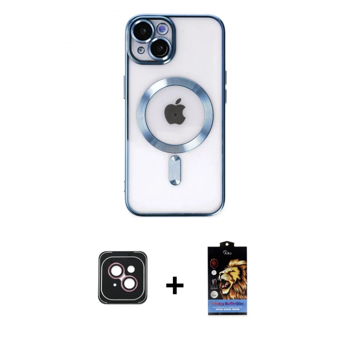 MARSİLYAN™- iPhone 14 Kılıf Nova Işık Özel Seri - Siyah Buffer Hayalet Cam Ekran Koruyucu + PVD Metal Kamera Lens - PE